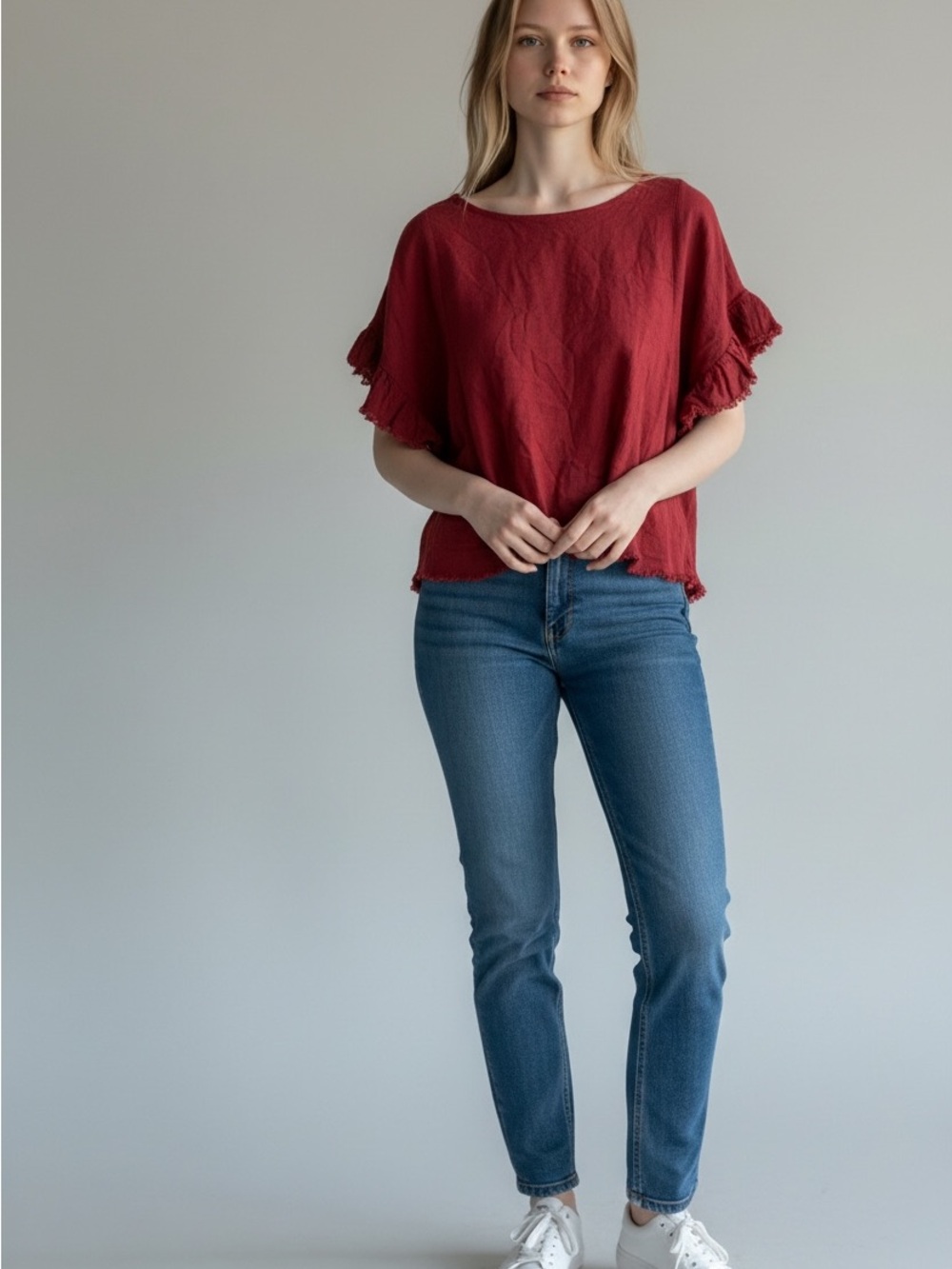 Umgee Rust Red Linen Blend Top Frayed Hem Ruffle Sleeve Boho Small Autumn Chic